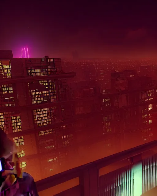 Prompt: an unreal engine rendered night rooftop scene colored by Liam Wong, neon lights in the city below, close up shot of a photorealistic gangster wearing a trench coat looking at the city below