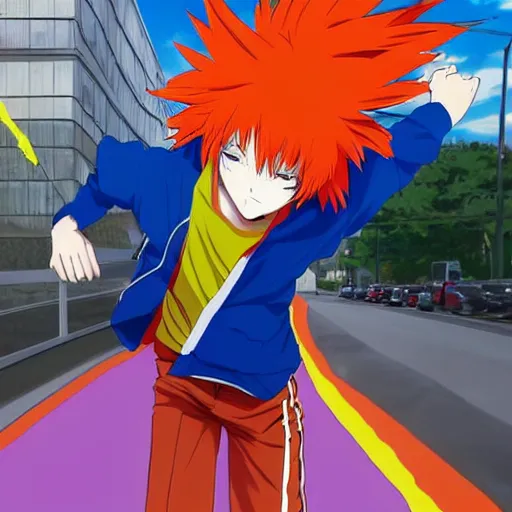 Image similar to orange - haired anime boy, 1 7 - year - old anime boy with wild spiky hair, wearing blue jacket, running past colorful building, red - yellow - blue colored building, turquoise aquamarine windows, strong lighting, strong shadows, vivid hues, ultra - realistic, sharp details, subsurface scattering, intricate details, hd anime, 2 0 1 9 anime