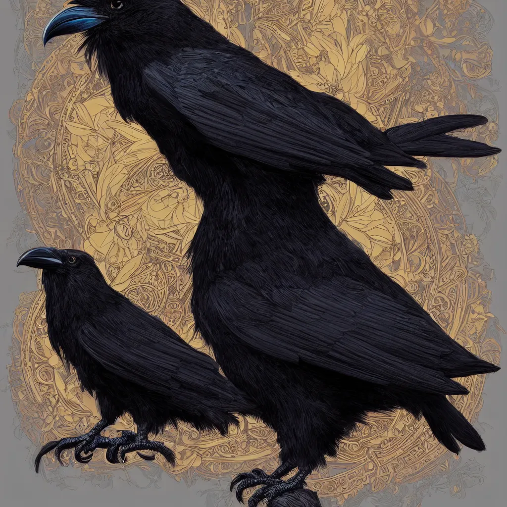 Image similar to beautiful black raven bird with ornate headgear, cute, intricate, highly detailed, digital painting, trending on artstation, concept art, smooth, sharp focus, backlit, rim light, vivid colors, illustration, unreal engine 5, 8 k, art by rossdraws and alphonse mucha