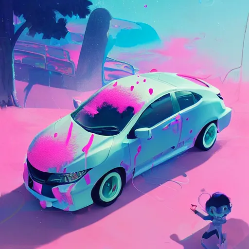 Prompt: a highly detailed honda civic covered with slime, vibrant pastel styling by atey ghailan, cliff chiang, loish and goro fujita, white, white cyan, pink and light green pastel mystical tones, featured on artstation, featured on behance, vray render