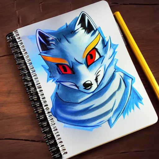 Prompt: anime style colored pencil sketch of an anthropomorphic blue fox fursona furry male character wearing a stylish all over print hoodie, notebook drawing, realisitc photo