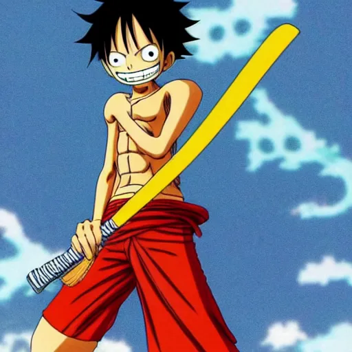 Prompt: luffy from one piece dressing in style of itchigo from bleach anime, holding sword