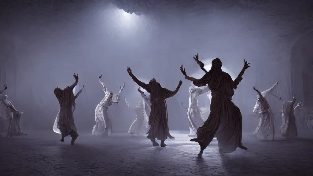 Image similar to tyrkisk sufi dance, sufi, arabic words, bysintine, gothic, 4 k, smokey, michael whelan, peter mohrbache, giovanni paolo panini style epic, volumetric light, insanely detailed, unreal engine render, artstation trends, hyper detail, epic art style, cinematic, concept art, soft white gold lights