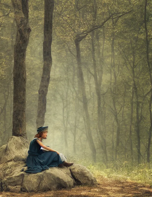 Prompt: peasant girl sadly sitting on a stone in a forest, Cottage core, Cinematic focus, Polaroid photo, vintage, neutral colors, soft lights, foggy, by Steve Hanks, by Andrei Tarkovsky, by Terrence Malick, 8k render, detailed, oil on canvas