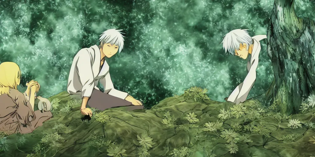 Image similar to ginko showing a new mushi, mushishi by studio ghibli, artgem, mutsumi akasaki, wallpaper splash art promo art