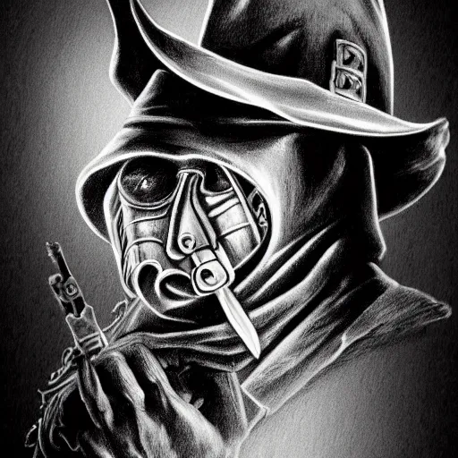 Prompt: a portrait of a plague doctor gunslinger, dark fantasy, horror, western, hell, ultrafine detailed digital pencil art by frank frazetta and vito acconci and and takeshi obata, death note style, colored, symetric body, cgsociety, sharp focus, detailed face