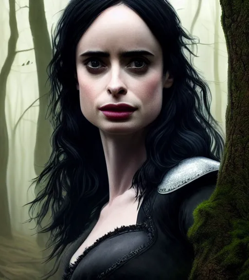 Prompt: 5 5 mm close up portrait photo of krysten ritter as yennefer of vengerberg in black leather armor and long black fluff hair, in a forest. magical atmosphere. art by greg rutkowski. lifelike. very detailed 8 k. intricate. soft light. nikon d 8 5 0.