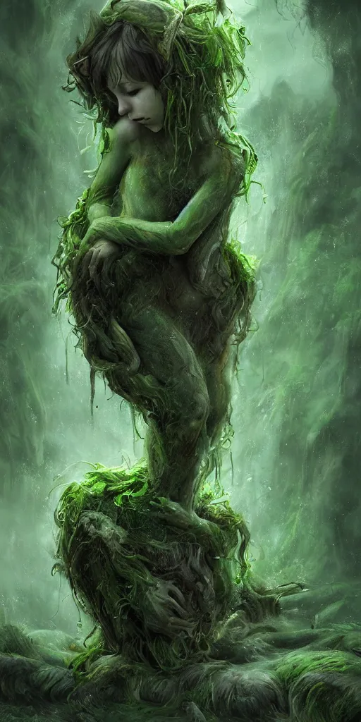 Prompt: a highly detailed matte painting of curled up faun girl drenched in green slime and emerging from a plant pod, dark, ominous, foreboding, moody, hd, concept art, artstation, deviantart,