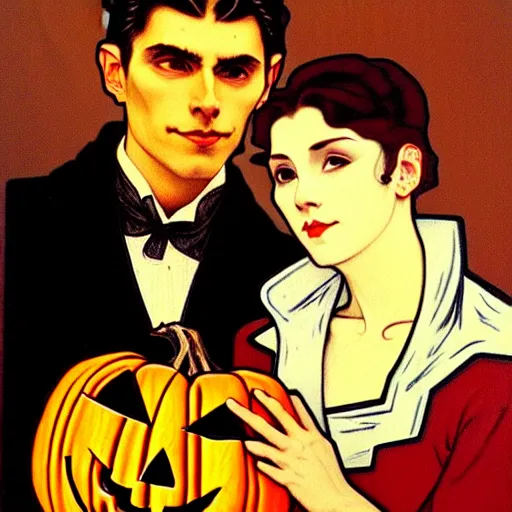 Image similar to painting of handsome young beautiful jeff and gorgeous rina together at the jack o'lantern halloween party, elegant, clear, painting, stylized, art, art by alphonse mucha, vincent van gogh, egon schiele,