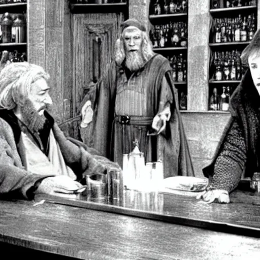 Prompt: harry potter and gandalf in quark's bar on deep space nine