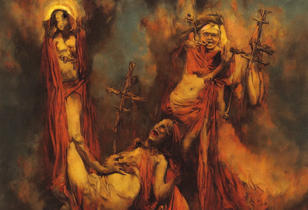 Prompt: portrait of menstruating holy mary bleeding from her eyes and laughing under the cross, colorfully ominous background, by rutkowsky and gerald brom and frazetta and rembrandt