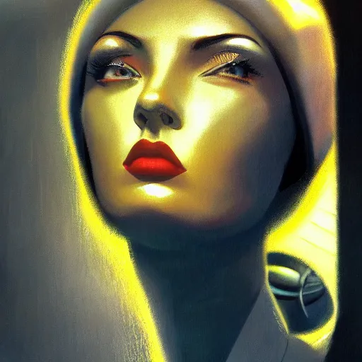 Image similar to detailed face of a woman, clockwork, moment, tectonic sky, skydome, bullet train, jets, turbines, utopian, tech noir, wet reflections, prism, atmospheric, ambient, pj crook, syd mead, livia prima, greg rutkowski, edward hopper