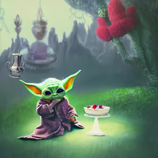 Prompt: baby yoda in wonderland, tea party with the mad hatter, concept art, alice in wonderland, psychedelic comic book art, matte painting, cute, trending on artstation, cinematic, highly detailed, depth of field, realistic