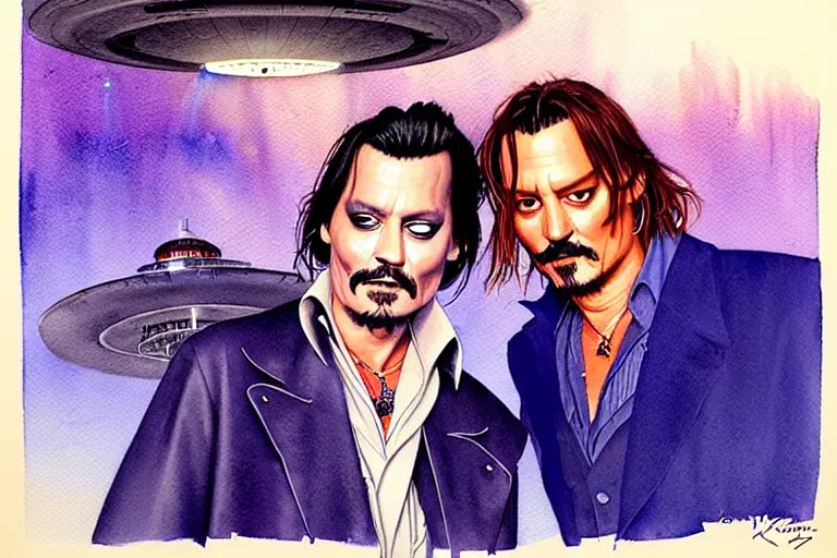 Image similar to a hyperrealist watercolour character concept art portrait of johnny depp and tom sellick on a misty well lit night in las vegas. a ufo is in the background. by rebecca guay, michael kaluta, charles vess and jean moebius giraud