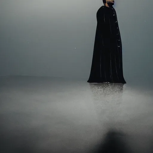 Prompt: the weeknd with a velvet crown and black gown standing on a raised translucent platform in the middle of the sea, night time with milky way in the sky. cinematic, 3 5 mm film, sharpness, nostalgic and melancholic 4 k, 8 k