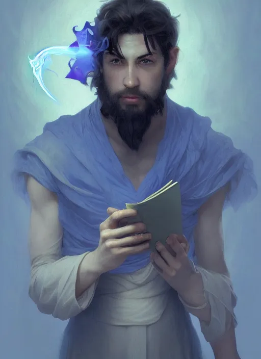 Image similar to character concept portrait of an attractive young sleepy Spanish wizard with blue skin conjuring an ocean spell, a floating iridescent spell book in the center, intricate, elegant, digital painting, concept art, smooth, sharp focus, illustration, from Metal Gear, by Ruan Jia and Mandy Jurgens and William-Adolphe Bouguereau, Artgerm