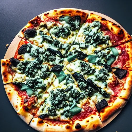 Image similar to a pizza with blue sauce and green cheese