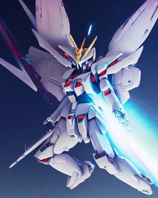 Image similar to highly detailed vfx portrait of an angelic gundam with wings of feathers beam saber fighting in space with a beam gun, unreal engine, greg rutkowski, loish, rhads, beeple, makoto shinkai and lois van baarle, ilya kuvshinov, rossdraws, tom bagshaw, alphonse mucha, global illumination, detailed and intricate environment