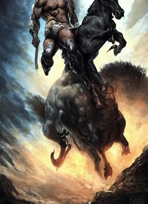 Image similar to ethan van sciver with a bald head and grey trimmed beard with a pointy nose as the first horseman of the apocalypse riding a strong big black stallion, horse is running, the rider is carrying the scales of justice, beautiful artwork by artgerm and rutkowski, breathtaking, beautifully lit, dramatic, full view