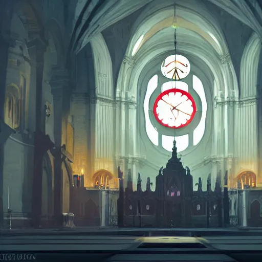 Image similar to ilustration, a cathedral under the red moon with a huge clock in the middle of the church, characterized by roman shipunov, etienne hebinger, atey ghailan, cgsociety, cynical realism, fantasy art, 2 d game art