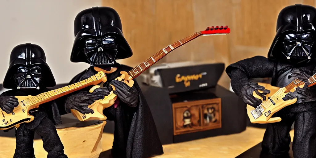 Image similar to claymation Darth Vader playing B.C. Rich guitar