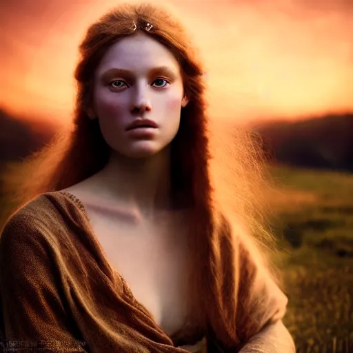 Image similar to photographic portrait of a stunningly beautiful neolithic renaissance female in soft dreamy light at sunset, contemporary fashion shoot, by edward robert hughes, annie leibovitz and steve mccurry, david lazar, jimmy nelsson, breathtaking, 8 k resolution, extremely detailed, beautiful, establishing shot, artistic, hyperrealistic, beautiful face, octane render