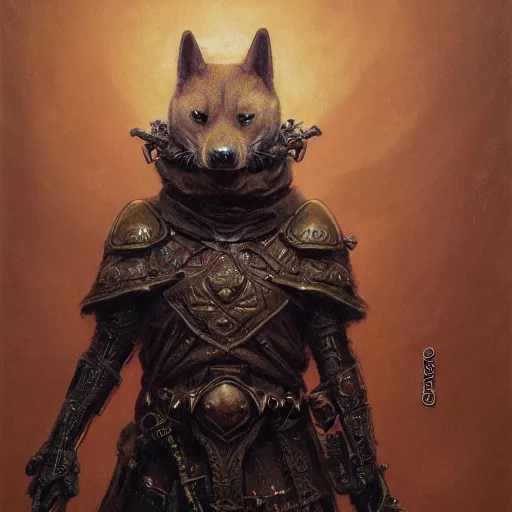 Image similar to skull black armor, anthropomorphic shiba inu, shiba inu face, shaman, stuning 3 d render, masterpiece, glowing aura, by donato giancola and greg rutkowski and wayne barlow and zdzisław beksinski, realistic face