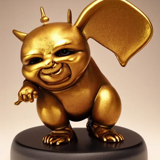 Image similar to a happy cute chubby Lucky Golden Goblin statue, fat lucky god, bright art masterpiece artstation. hyper details, golden smooth material, sculpted by Alex Alice, Craig Mullins, yoji shinkawa, trending on artstation, beautifully lit, Peter mohrbacher, hyper detailed, insane details, intricate, elite, elegant, luxury, glittering light, CGsociety, hypermaximalist, golden ratio, treasure background, volumetric, octane render, weta digital, micro details, 3d sculpture