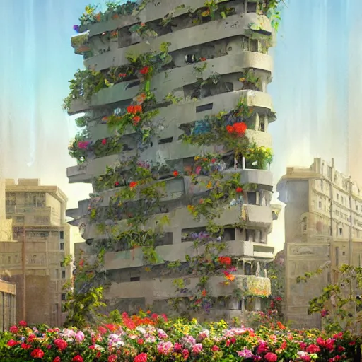 Prompt: a painting of a building surrounded by flowers, a watercolor and matte painting by Beeple and RHADS and maxfield parrish, cgsociety, brutalism, dystopian art, sci-fi, artstation hq