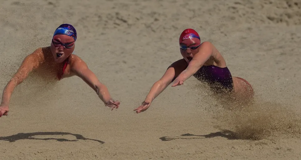 Image similar to olympic swimming in sand instead of water, extremely coherent, motion blur