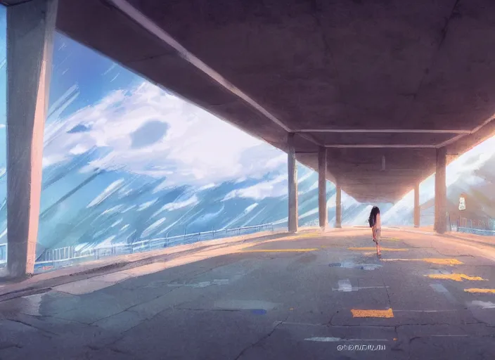 Prompt: perspective piece under a bridge, anime scenery by Makoto Shinkai