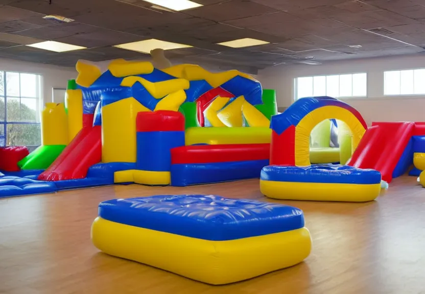 Image similar to A bouncy house with a ball pit and a trampoline inside a big empty room with light coming through windows