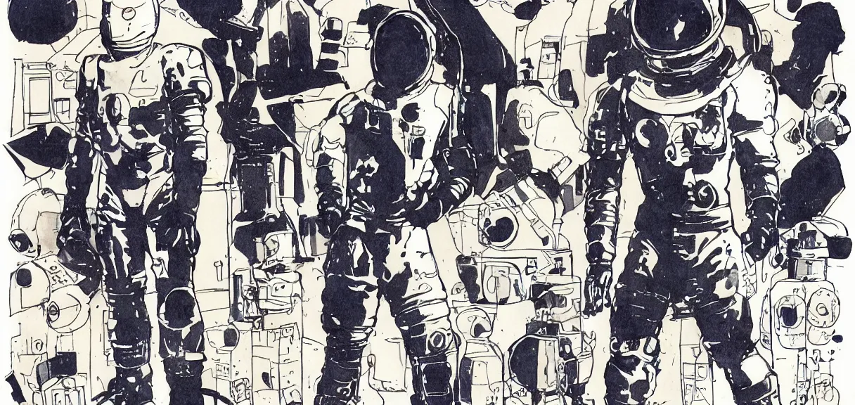 Image similar to male, full body, space suit with a modern helmet, character sheet, block shapes, science fiction, very stylized, character design, pen and ink, digital painting, watercolor wash, by mike mignola, by alex maleev, jean giraud