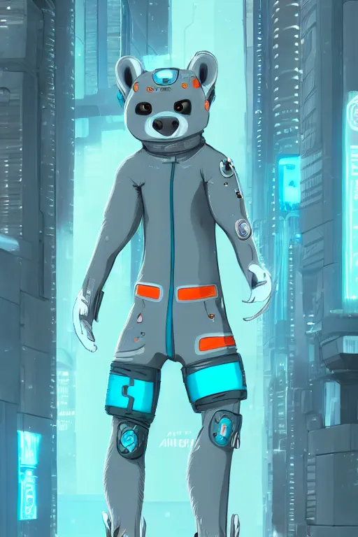 Image similar to a cute male gray turquoise white orange otter fursona wearing tight futuristic clothes in the streets of cyberpunk city, fantasy, paws, 8 k resolution, hyper detailed, character design