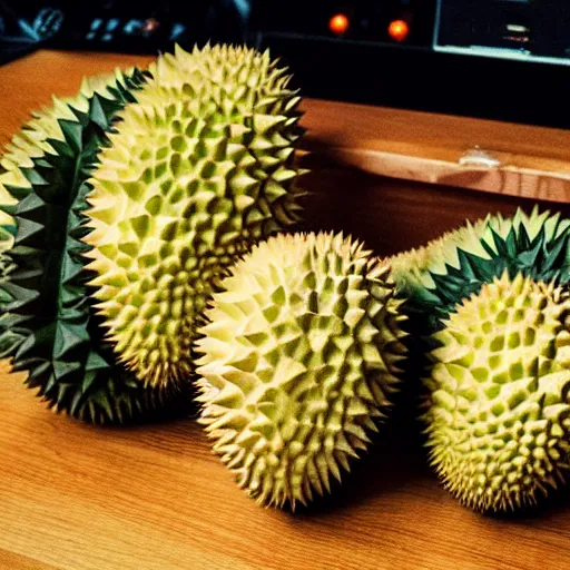 Image similar to two durian as a synth pop music band