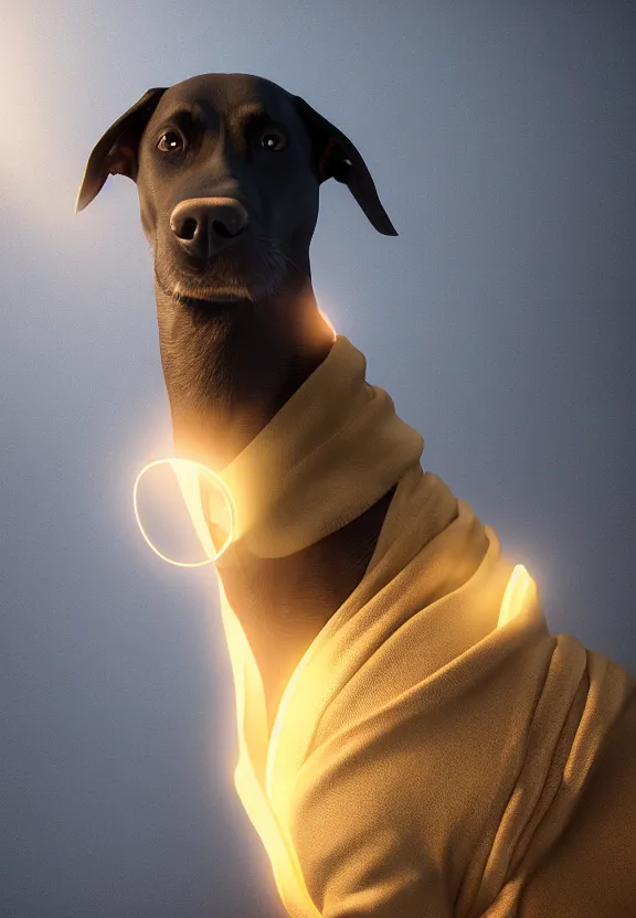 Prompt: a portrait of a dog wearing a robe in heaven, circular, glowing, circle, unreal engine, octane render, artstation, digital art.