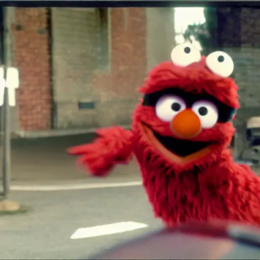 Prompt: film still of elmo as a rough looking cop on the beat trying to take down the bad guys