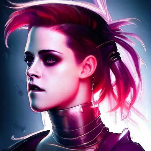 Image similar to Portrait of a cyberpunk Kristen Stewart, digital art from artstation by Ikeuchi and artgerm and james jean and greg rutkowski and alphonse mucha, red LED lights, extremely beautiful and proportionate face, sharp focus, hyper detailled