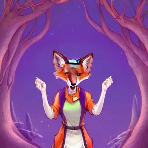 Image similar to don bluth, artgerm, anthropomorphic fox girl, purple vest, smiling, symmetrical eyes symmetrical face, bright colorful forest background