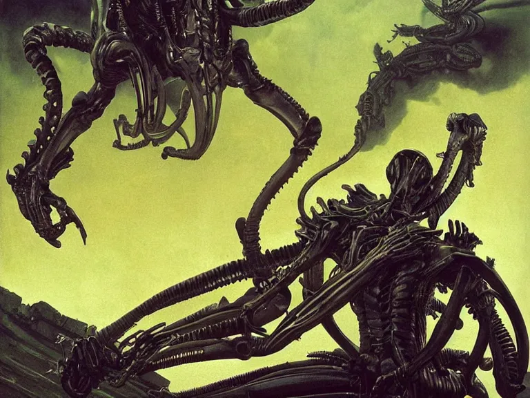 Prompt: a detailed profile painting of xenomorph, cinematic sci-fi poster. Spaceship high in the background. Flight suit, anatomy portrait symmetrical and science fiction theme with lightning, aurora lighting clouds and stars. Clean and minimal design by beksinski carl spitzweg giger and tuomas korpi. baroque elements. baroque element. intricate artwork by caravaggio. Oil painting. Trending on artstation. 8k