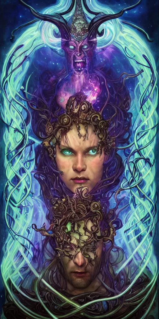 Prompt: intense glowing angry pagan god with horns and tentacles and intense glowing eyes and a skull in very dark cosmic space by karol bak and artgerm and alphonse mucha, portrait, fantasy, clear, light beams, lens flare, intense, uhd, amazing depth, cinematic lighting, purple and teal and indigo and cyan