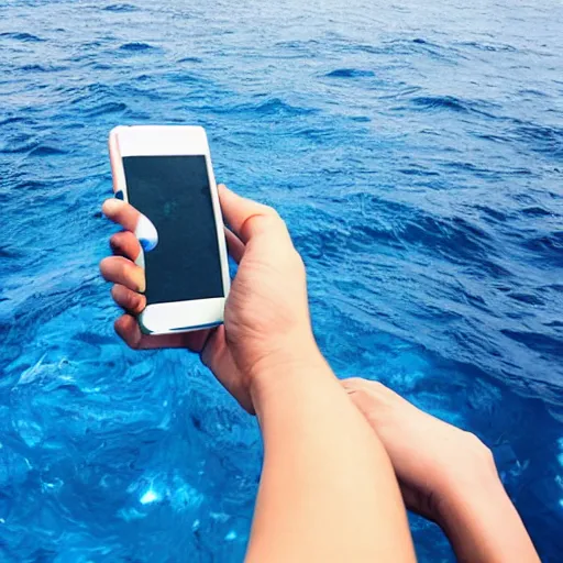 Image similar to hand holding a phone in the middle of the sea