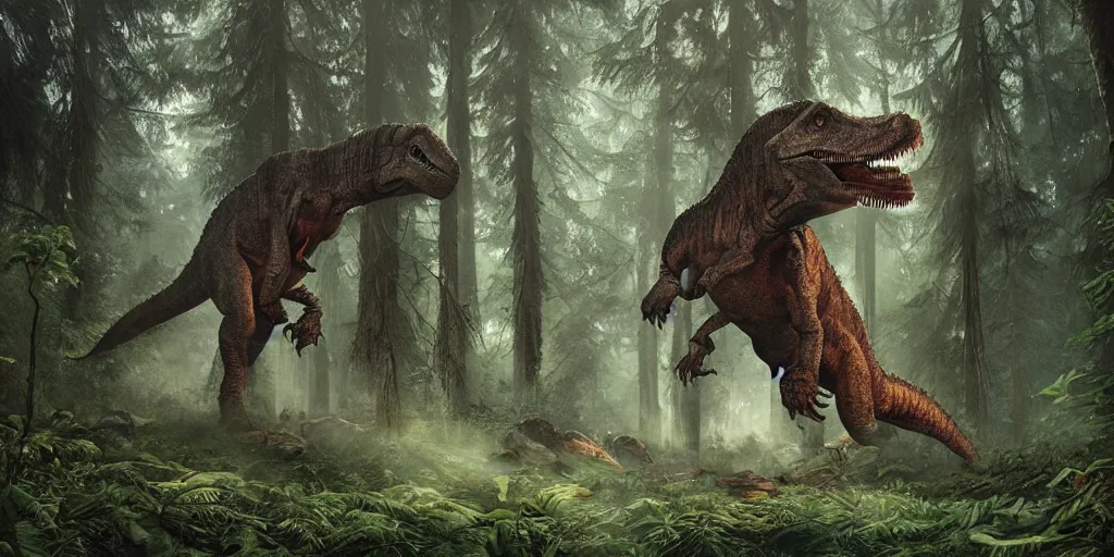 Prompt: a photo of tyrannosaurus rex in the jurassic period had clear limbs and a huge mouth. in the forest, the details were detailed, by ian pesty and alena aenami artworks