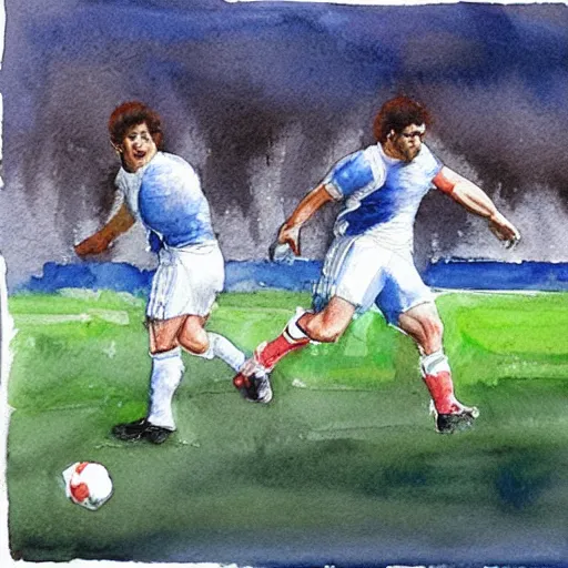 Prompt: Maradona scores a goal, watercolor painting