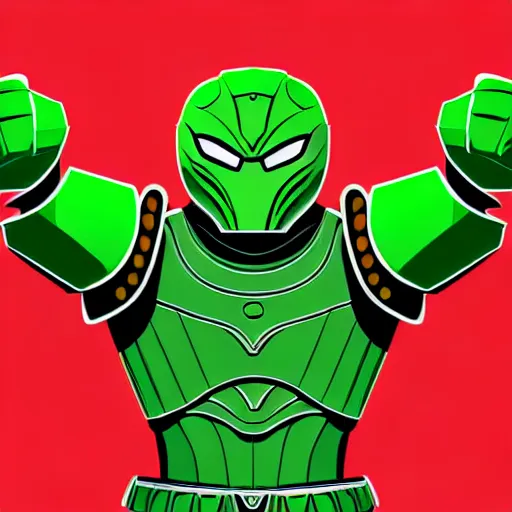 Image similar to a picture of a giant armour green man with his fist up, vector art by mor than, low angle, trending on deviantart, mingei, flat shading, prerendered graphics, marvel comics