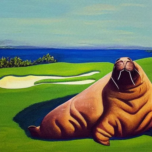 Image similar to a painting of a walrus lying on a golf course,