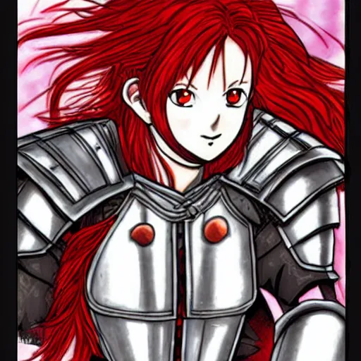 Image similar to female warrior, red hair, black armor, by naoko takeuchi, ultra detailled, medieval, manga