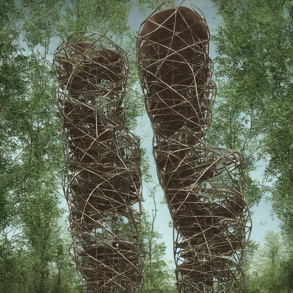 Prompt: “Hyper realistic, double helix shaped corten steel observation tower in a forest, Future design, architecture design, parametric architecture, covers by textile, environment, morning light, Cinematography, mega scans, cinematic, hyper realistic, photo real, cinematic composition, highly detailed, vray, 8k render”