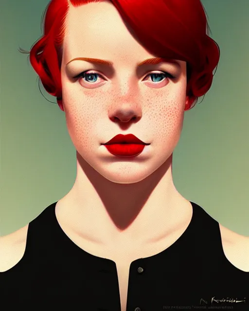 Prompt: a detailed portrait of a pretty!! female with red hair and freckles who is president of the united states, 1 9 3 2, by ilya kuvshinov, digital art, dramatic lighting, dramatic angle, 2 0 th century