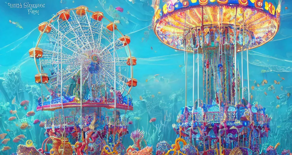 Prompt: underwater carnival, ferris wheel made of jellyfish, seahorse carousel, fish rides, beautiful, artstation, highly detailed,